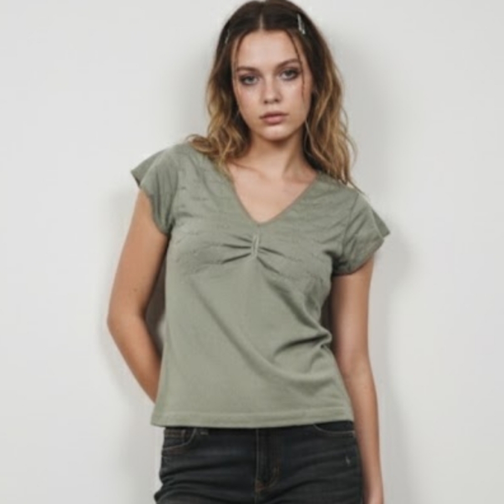 Vintage Olive Green Tee Top Y2K Fairy Twee Crochet Trim Ruched Ribbed Bodycon XL